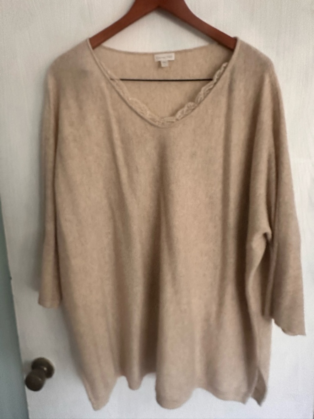 Garnet Hill Beige Cashmere V-Neck Sweater with Lace Trim